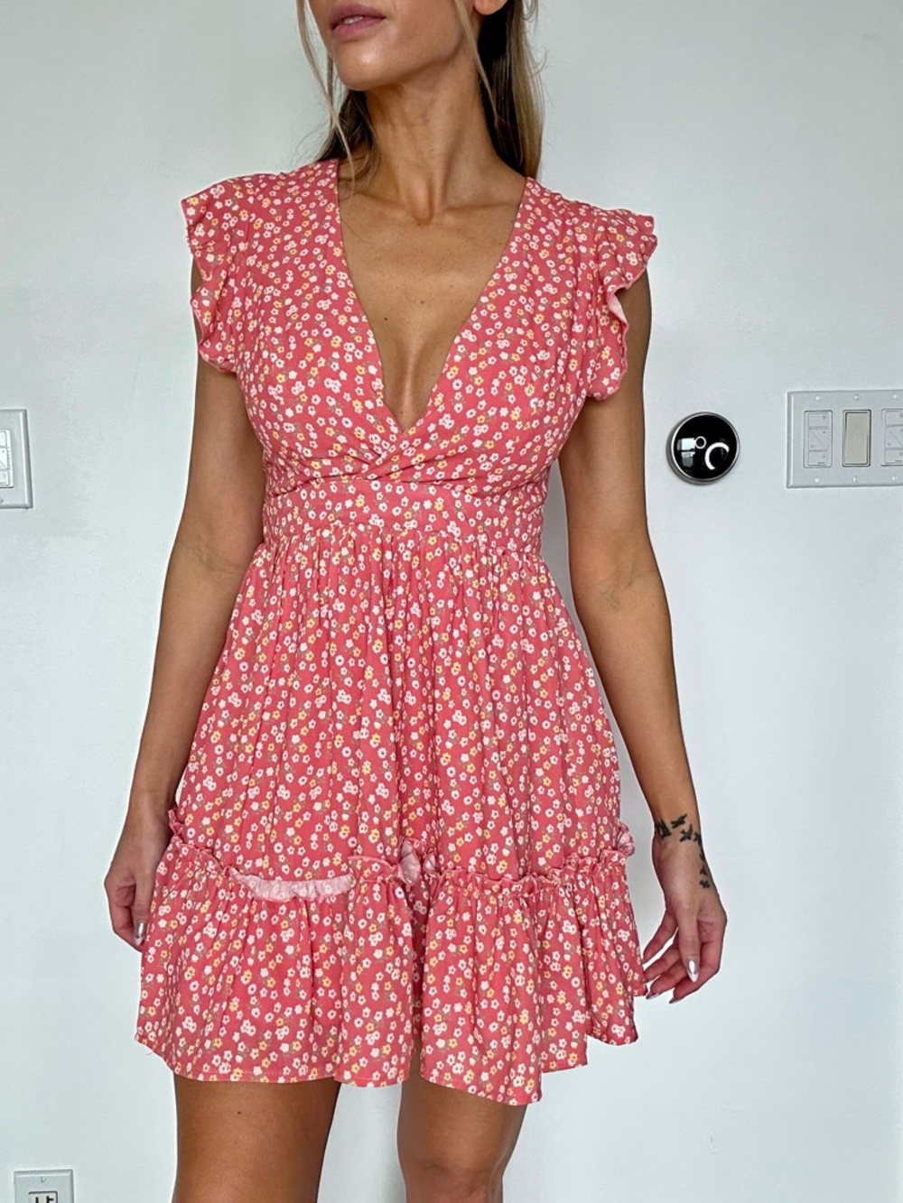 Pink Floral Smocked Waist V-Neck Mini Dress